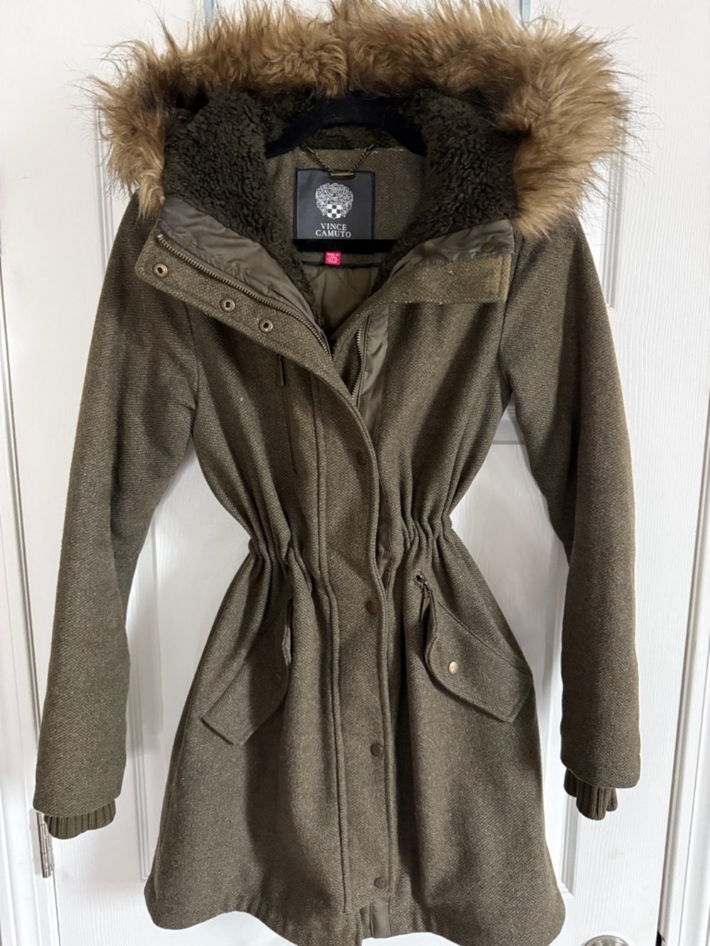 Vince Camuto Olive Hooded Faux-Fur Trim Parka